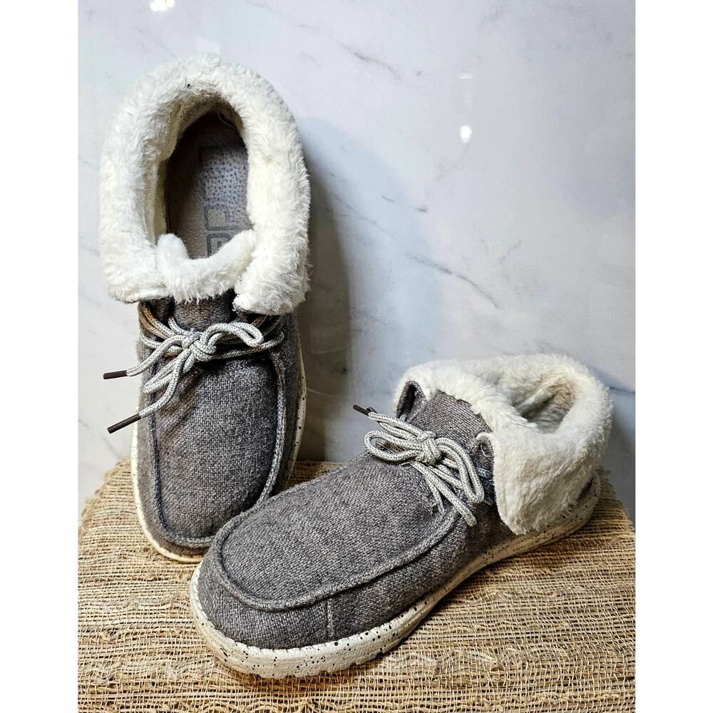 Hey Dude Britt Charcoal Slip-On Shoes White Wool Faux Fur Lining Slippers 10